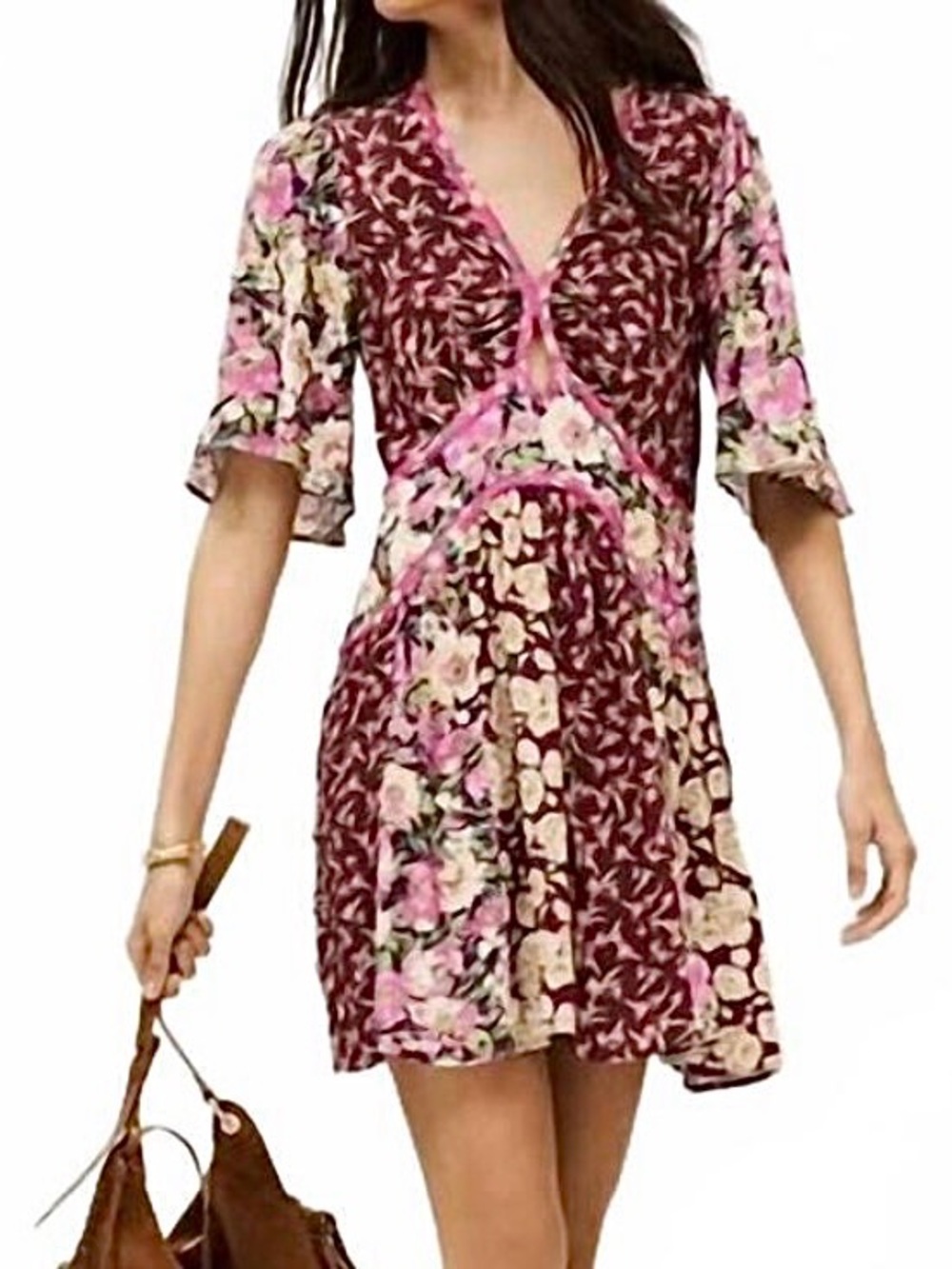 NWT ba&sh Indrea Dress Bordeaux Floral Size 2 French Designer Boho Mini